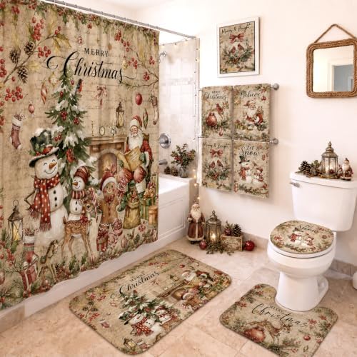 FuWeave 8 Pcs Vintage Christmas Shower Curtain Set for Bathroom Decor Include Santa Snowman Reindeer Gingerbread Shower Curtain Towels Non Slip Rugs Toilet Lid Cover Bath Mat and 12 Hooks