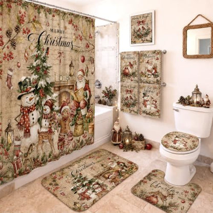 FuWeave 8 Pcs Vintage Christmas Shower Curtain Set for Bathroom Decor Include Santa Snowman Reindeer Gingerbread Shower Curtain Towels Non Slip Rugs Toilet Lid Cover Bath Mat and 12 Hooks