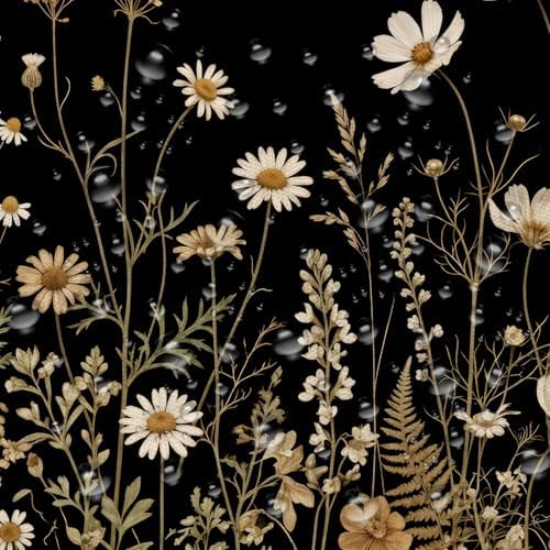 Black Daisy Floral Shower Curtain, Boho Retro Elegant Botanical Design Shower Curtain Set, Vintage Wildflower Shower Curtain for Bathroom, Modern Aesthetic Decor with 12PCS Hooks, 72X72In
