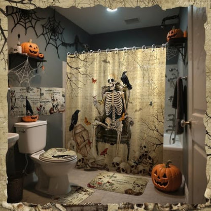 FuWeave 8 Pcs Gothic Shower Curtain Set for Bathroom Include Vintage Skeleton Towels Non Slip Skull Rugs Toilet Lid Cover Spooky Spider Web Bath Mat and 12 Hooks for Gothic Bathroom Decor