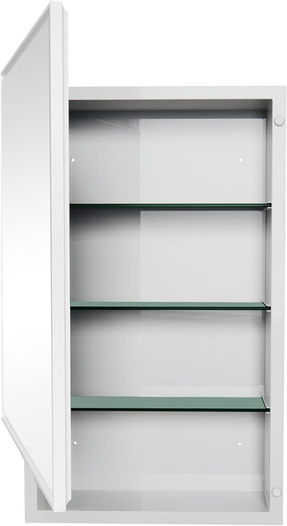 Plastic Medicine Cabinet with Mirror 16x26 inch, Recessed Medicine Cabinet or Surface Wall Mount Bathroom Cabinets with Removable Shelves, White Framed Mirror Cabinet