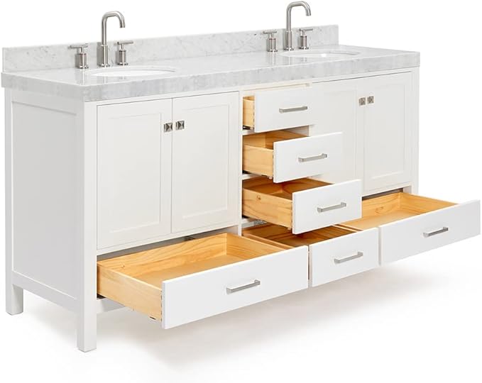 ARIEL Cambridge 72-inch Bathroom Vanity with Sink,Solid Wood, 2-inch Italian Carrara Marble Countertop & Backsplash, Double Oval Porcelain Sink, 4 Soft Closing Doors, 6 Dovetail Drawers, White