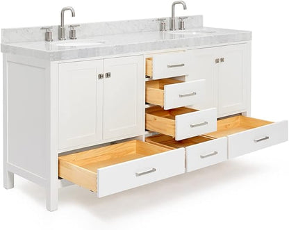 ARIEL Cambridge 72-inch Bathroom Vanity with Sink,Solid Wood, 2-inch Italian Carrara Marble Countertop & Backsplash, Double Oval Porcelain Sink, 4 Soft Closing Doors, 6 Dovetail Drawers, White