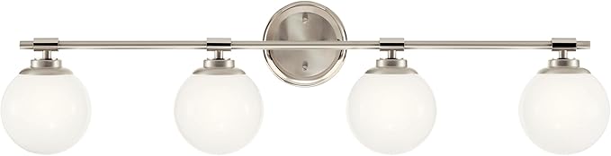 Kichler Benno 4-Light Vanity, Modern Light with Opal Glass in Polished Nickel and Brushed Nickel, for Bathroom or Powder Room (8.75" x 34"), 55173PN