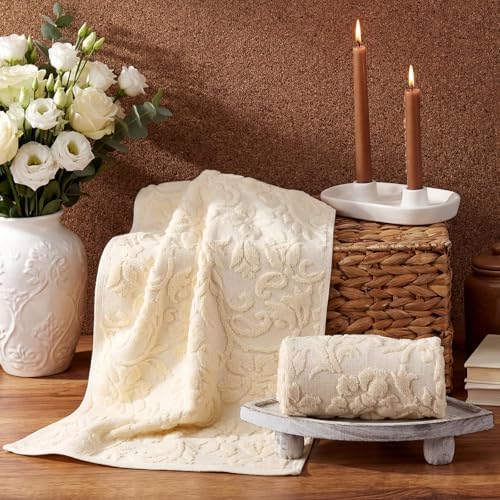 SmoothNovelty 2 Pcs Beige Floral Jacquard Hand Towels for Bathroom
