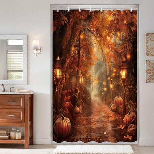 Fall Pumpkins Shower Curtain，Halloween Autumn Thanksgiving Harvest Forest Rural Trail Bathroom Decor，47 x 64 Inch Polyester Fabric Waterproof Bathroom Curtain with Hooks