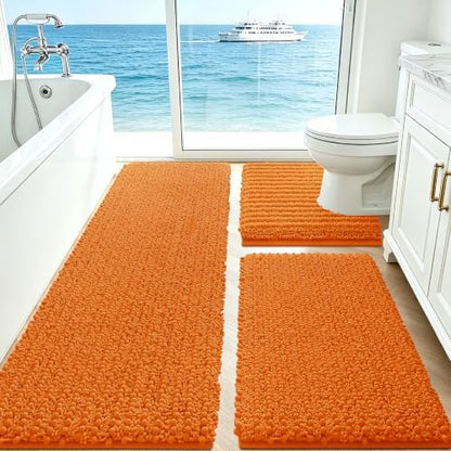 ACCUMTEK Upgrade Extra Large Orange Bathroom Rug Set 3 Pieces Ultra Soft, Thick Absorbent Bath Mats, Non Slip Chenille Toilet Mat for Bathroom, Bedroom, Kitchen