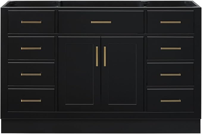 ARIEL Hepburn 54-inch Bathroom Vanity Base Cabinet,Solid Wood, 2 Soft Closing Doors, 9 Dovetail Drawers, Black