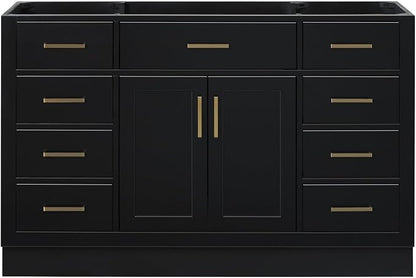 ARIEL Hepburn 54-inch Bathroom Vanity Base Cabinet,Solid Wood, 2 Soft Closing Doors, 9 Dovetail Drawers, Black