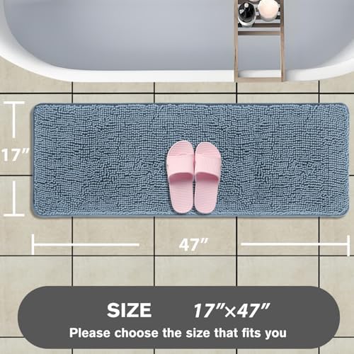 Bathroom Runner Rug 47 x 17 Inch – Long Bath Mat | Absorbent and Washable Thick Chenille Bath Rug Non-Slip Runner Rug for Bathroom, Shower, Sink(Blue)