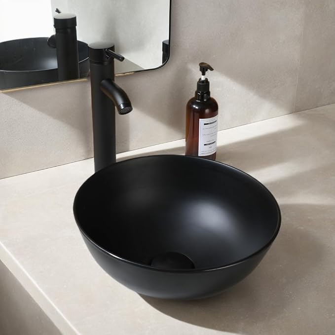 Black Resin Vessel Sink Set 13 inch Round | With Faucet and Pop-Up Drain, Top Mount Bathroom Basin, Compact Design, Space Saving for Small Bathrooms