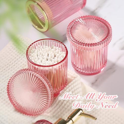 RYTOXILO Pink Bathroom Accessories Set, Pink Bathroom Decor Accessory Sets Complete, 4 Pack Ribbed Grils Soap Dispenser and Toothbrush Holder Set with 2 Qtip Holders, Girly Bath Counter Essentials