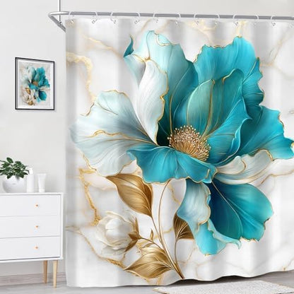 Teal Gold Marble Floral Abstract Turquoise Art Bathroom Shower Curtain Set