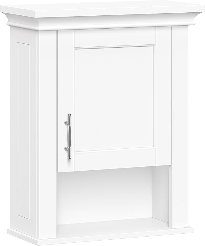 RiverRidge Somerset Single Door Wall Cabinet - Bathroom Medicine Cabinet with Inset Door, Coved Top Shelf, 2 Interior Shelves & Open Display Shelf – Elegant Bathroom Cabinet for Expanded Storage