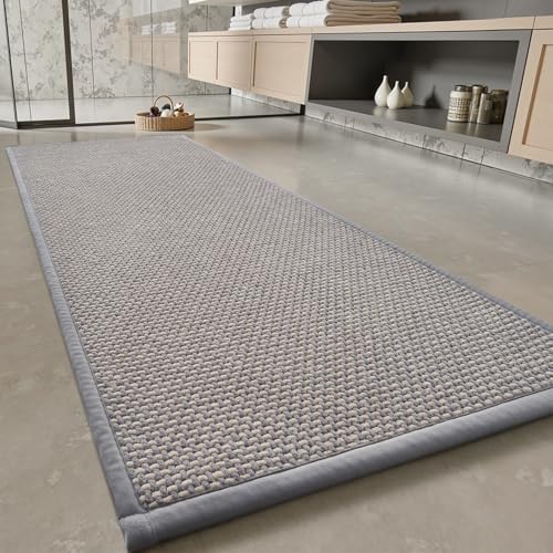 PADOOR-Bath Mat Runner-Super Absorbent Chenille Bathroom Mats-Rubber Backed Bath Mats for Bathroom Non Slip, Easy Clean Bathroom Runner Rugs Front of Bathtub,Shower Room,Sink-24×48, Grey&Beige
