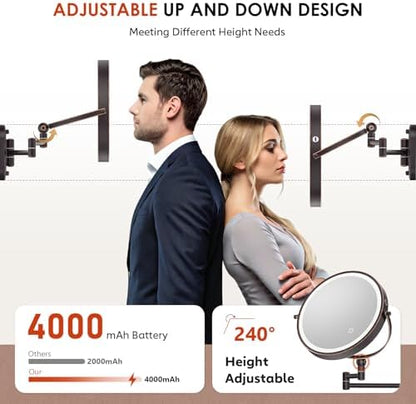 9" Wall Mounted Lighted Makeup Mirror,4000mAh Rechargeable Double Sided 1X/20X Magnifying Mirror with Light,Touch Dimmable,Extended Arm 360 Rotation Wall Mounted Makeup Mirror 3 Color Lights-Bronze