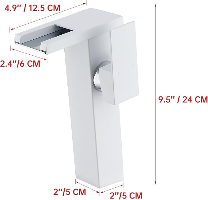 LED Waterfall Bathroom Sink Faucet, 3 Colors Spout Faucet with Water Supply Hose, Single Handle Single Hole Slanted Body Brass Mixer Vanity Sink Tap (White