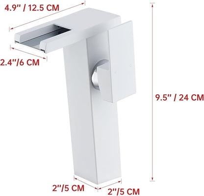 LED Waterfall Bathroom Sink Faucet, 3 Colors Spout Faucet with Water Supply Hose, Single Handle Single Hole Slanted Body Brass Mixer Vanity Sink Tap (White
