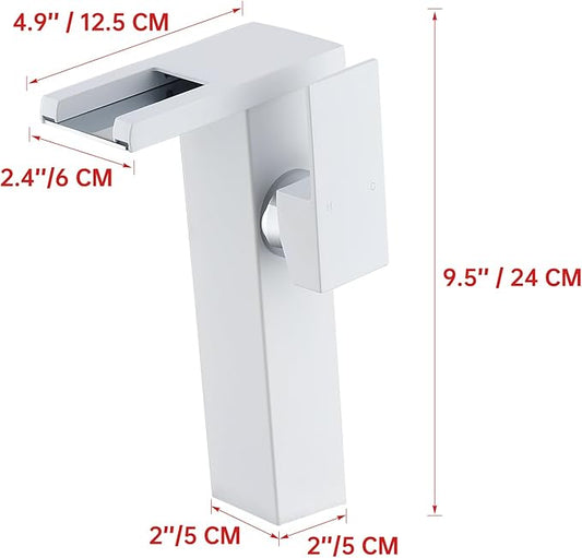 LED Waterfall Bathroom Sink Faucet, 3 Colors Spout Faucet with Water Supply Hose, Single Handle Single Hole Slanted Body Brass Mixer Vanity Sink Tap (White