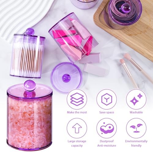4 Pcs Acrylic Qtip Holder, Cotton Ball Holder Jars with Lids, Purple