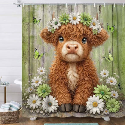 Cute Cow Shower Curtain, Farmhouse Rustic Floral Daisy Highland Cow Shower Curtains for Bathroom, Calf Country Farm Animal Garden Plant Fabric Bathroom Decor with Hooks, 70x72 inch