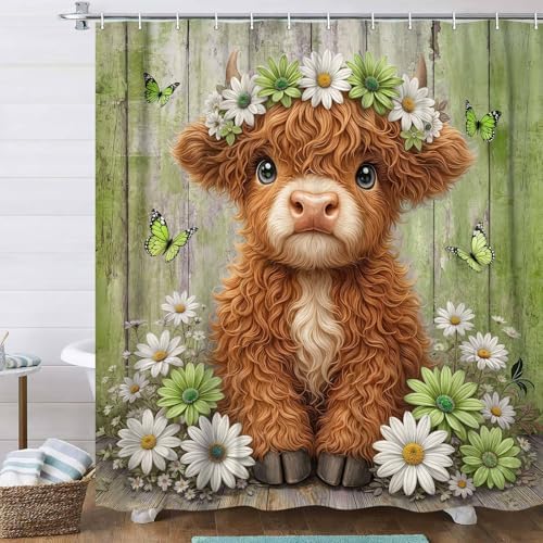 Cute Cow Shower Curtain, Farmhouse Rustic Floral Daisy Highland Cow Shower Curtains for Bathroom, Calf Country Farm Animal Garden Plant Fabric Bathroom Decor with Hooks, 47x64 inch