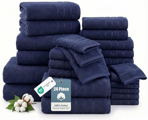 Casa Platino Bath Towel Set 100% Cotton 24 Piece Soft Absorbent - Navy