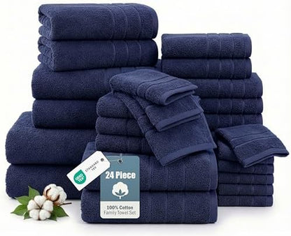 Casa Platino Bath Towel Set 100% Cotton 24 Piece Soft Absorbent - Navy