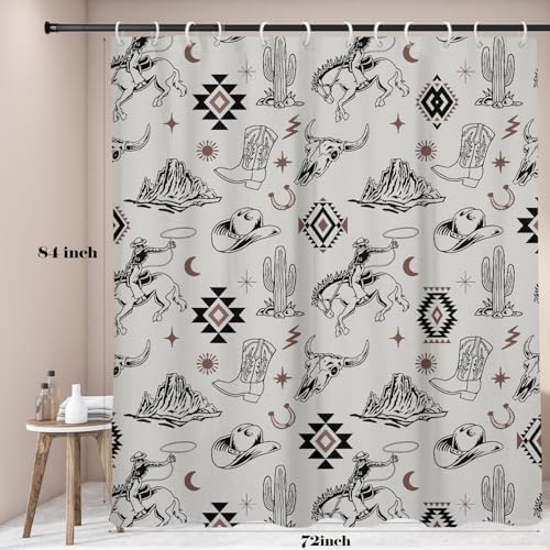 Extra Long Grey Western Cowboy Shower Curtain, 12 Hooks, 72" Wx84 L