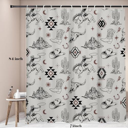 Extra Long Grey Western Cowboy Shower Curtain, 12 Hooks, 72" Wx84 L
