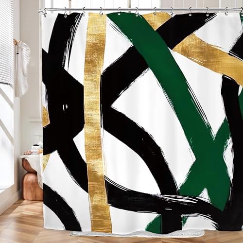 Abstract Emerald Green Black Gold Shower Curtain 72Wx72L Inch Modern Minimalist Contemporary Geometric Line Bathroom Set Accessories Decor with 12 Pack Hooks