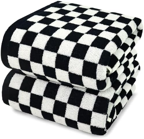 Jacquotha Black and White Checkered Cotton Bath Towels Set of 2