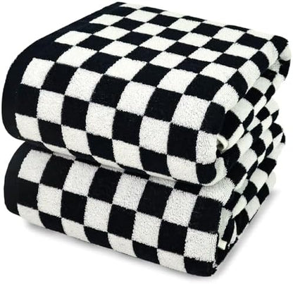 Jacquotha Black and White Checkered Cotton Bath Towels Set of 2