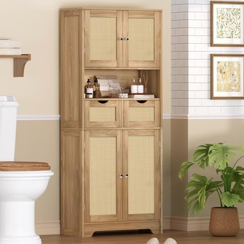 Iwell Tall Storage Cabinet with 2 Drawers & Adjustable Shelves, Rattan Cabinet, Kitchen Storage Cabinet, Pantry Cabinet with 4 Doors, Tall Cabinet for Living Room, Kitchen, Home Office, Natural