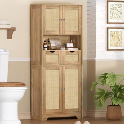 Iwell Tall Storage Cabinet with 2 Drawers & Adjustable Shelves, Rattan Cabinet, Kitchen Storage Cabinet, Pantry Cabinet with 4 Doors, Tall Cabinet for Living Room, Kitchen, Home Office, Natural