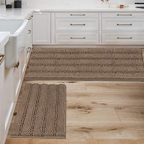 H.VERSAILTEX 2 Piece Bathroom Set - Super Absorbent Chenille Striped Bath Mats, Non Skid, Machine Washable (Taupe Brown, 47 x 17 Plus 17 x 24 - Inches)