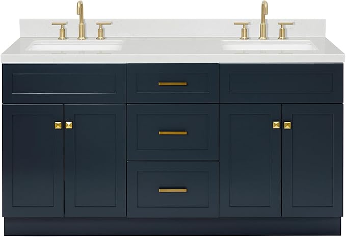 ARIEL Hamlet 66-inch Bathroom Vanity with Sink,Solid Wood, 1.5-inch Carrara White Quartz Countertop, Double Rectangular Porcelain Sink, 4 Soft Closing Doors, 3 Dovetail Drawers, Midnight Blue