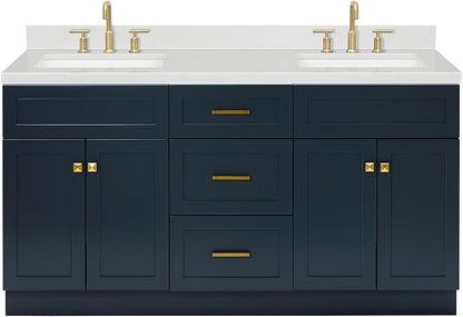 ARIEL Hamlet 66-inch Bathroom Vanity with Sink,Solid Wood, 1.5-inch Carrara White Quartz Countertop, Double Rectangular Porcelain Sink, 4 Soft Closing Doors, 3 Dovetail Drawers, Midnight Blue