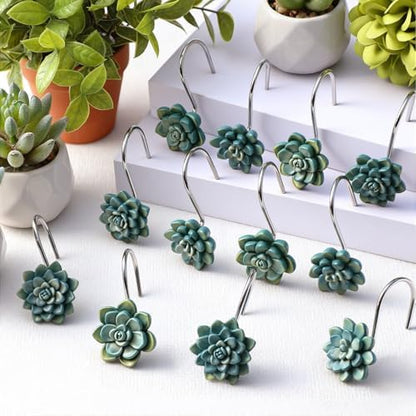 Amyhill 12 Pcs Succulents Plants Decorative Cute Shower Curtain Hooks Mini Succulents Green Shower Curtain Rings Bulk Hanger Stainless Steel Resin Plant Theme Hooks for Bathroom Bedroom Home Decor