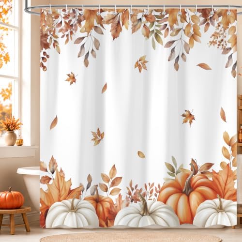Fall Pumpkins Shower Curtain, Autumn Maple Leaf Leaves Harvest Thanksgiving Farmhouse Bathr Curtains Set,Waterproof Fabric Bathroom Curtains Decor 72 X 72 Inch