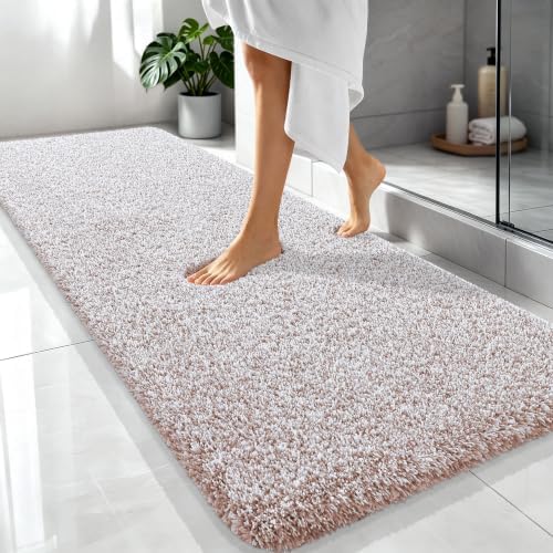 OLANLY Microfiber Bathroom Rugs 70x24, Quick Dry Bath Mat, Mocha and White