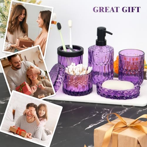Bathroom Accessories Set, 5Pcs Bathroom Soap Dispenser Set, Glass Bathroom Accessories with Glass Soap Dispenser, Soap Dish, Toothbrush Holder, Tumbler, Cotton Swab Jar (Purple)