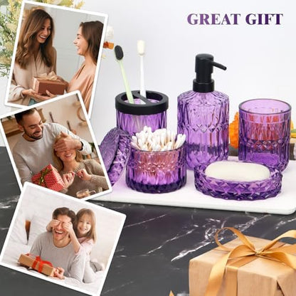 Bathroom Accessories Set, 5Pcs Bathroom Soap Dispenser Set, Glass Bathroom Accessories with Glass Soap Dispenser, Soap Dish, Toothbrush Holder, Tumbler, Cotton Swab Jar (Purple)