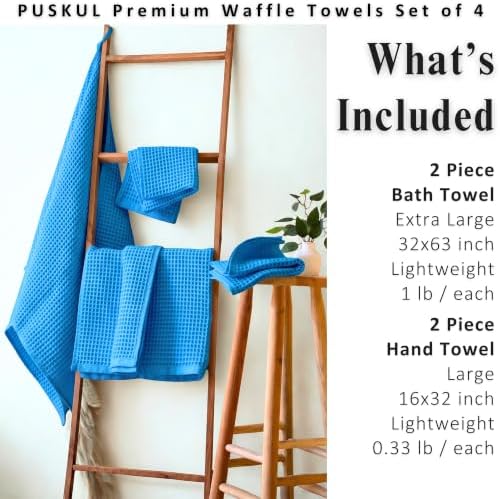 PÜSKÜL Natural 100% Turkish Cotton Waffle Towels Set of 4-Piece, Aqua Blue