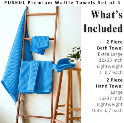 PÜSKÜL Natural 100% Turkish Cotton Waffle Towels Set of 4-Piece, Aqua Blue