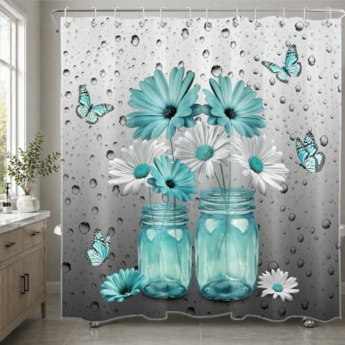 Teal Daisy Shower Curtain for Bathroom Decor, 72W X 72L inches