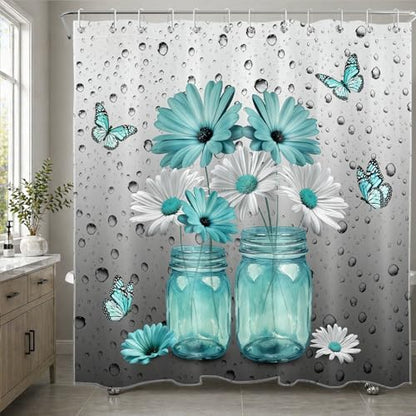 Teal Daisy Shower Curtain for Bathroom Decor, 72W X 72L inches