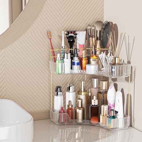 Webetop Corner Makeup Organizer 2 Tier Bathroom Storage with Brush Holder