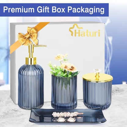 Haturi Glass Bathroom Accessories Set, Blue Bathroom Set, 4 Pcs