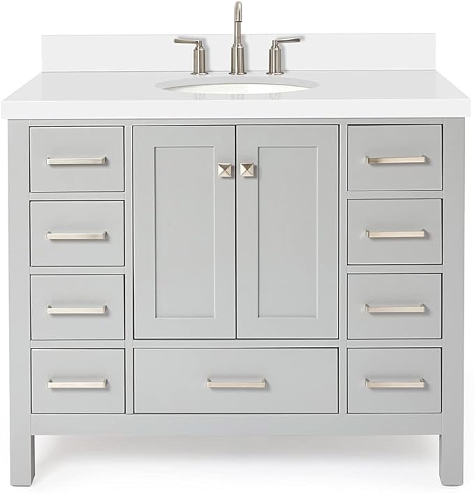 ARIEL Cambridge 42-inch Bathroom Vanity with Sink,Solid Wood, 1.5-inch Pure White Quartz Countertop & Backsplash, Single Oval Porcelain Sink, 2 Soft Closing Doors, 9 Dovetail Drawers, Grey